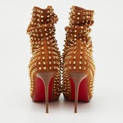 Pre Owned Christian Louboutin Brown Spiked Suede Guerilla Open Toe Slouchy Ankle Boots Size 37