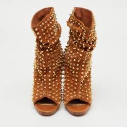 Pre Owned Christian Louboutin Brown Spiked Suede Guerilla Open Toe Slouchy Ankle Boots Size 37