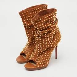 Pre Owned Christian Louboutin Brown Spiked Suede Guerilla Open Toe Slouchy Ankle Boots Size 37