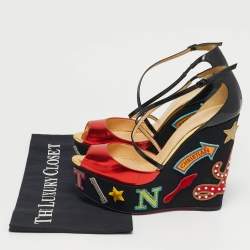 Pre Owned Christian Louboutin Multicolor Patent Leather Loubi Zeppa Wedge Sandals Size 39