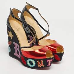 Pre Owned Christian Louboutin Multicolor Patent Leather Loubi Zeppa Wedge Sandals Size 39