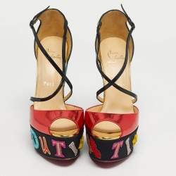 Pre Owned Christian Louboutin Multicolor Patent Leather Loubi Zeppa Wedge Sandals Size 39