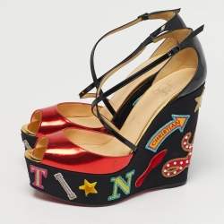 Pre Owned Christian Louboutin Multicolor Patent Leather Loubi Zeppa Wedge Sandals Size 39