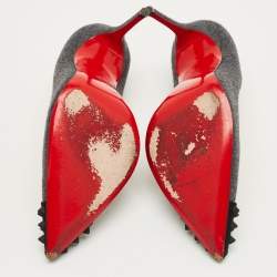 Pre Owned حذاء كعب عالي كريستيان لوبوتان جيون جيو صوف رمادي/أسود مرصع مقاس 37