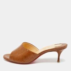 Pre Owned Christian Louboutin East Size 36.5 Brown Croc Embossed Leather Slide Sandals