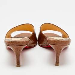 Pre Owned Christian Louboutin East Size 36.5 Brown Croc Embossed Leather Slide Sandals
