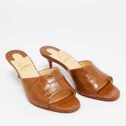 Pre Owned Christian Louboutin East Size 36.5 Brown Croc Embossed Leather Slide Sandals