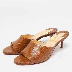 Pre Owned Christian Louboutin East Size 36.5 Brown Croc Embossed Leather Slide Sandals