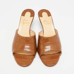 Pre Owned Christian Louboutin East Size 36.5 Brown Croc Embossed Leather Slide Sandals