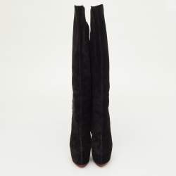 Pre Owned Christian Louboutin Interlopa Fringe Size 37 Black Suede Platform Knee Length Boots