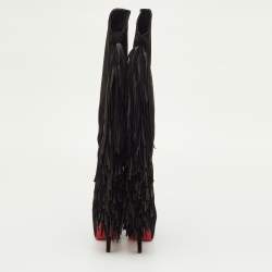 Pre Owned Christian Louboutin Interlopa Fringe Size 37 Black Suede Platform Knee Length Boots