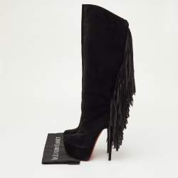 Pre Owned Christian Louboutin Interlopa Fringe Size 37 Black Suede Platform Knee Length Boots
