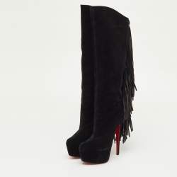 Pre Owned Christian Louboutin Interlopa Fringe Size 37 Black Suede Platform Knee Length Boots