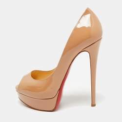 Pre Owned حذاء كعب عالي كريستيان لوبوتان ليدي جلد لامع بيج وردي مقدمة مفتوحة مقاس 37.5