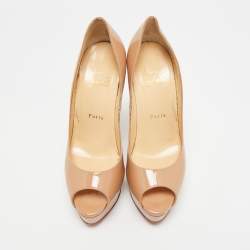 Pre Owned حذاء كعب عالي كريستيان لوبوتان ليدي جلد لامع بيج وردي مقدمة مفتوحة مقاس 37.5