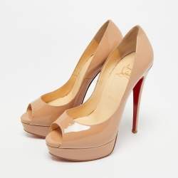 Pre Owned حذاء كعب عالي كريستيان لوبوتان ليدي جلد لامع بيج وردي مقدمة مفتوحة مقاس 37.5