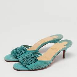 Pre Owned Christian Louboutin Belbrossa Size 36.5 Blue Suede Fringe Trim Slide Sandals