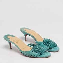 Pre Owned Christian Louboutin Belbrossa Size 36.5 Blue Suede Fringe Trim Slide Sandals