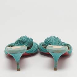 Pre Owned Christian Louboutin Belbrossa Size 36.5 Blue Suede Fringe Trim Slide Sandals