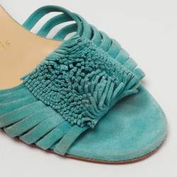 Pre Owned Christian Louboutin Belbrossa Size 36.5 Blue Suede Fringe Trim Slide Sandals