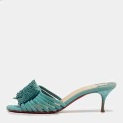 Pre Owned Christian Louboutin Belbrossa Size 36.5 Blue Suede Fringe Trim Slide Sandals
