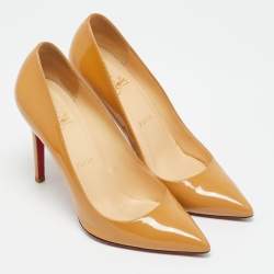 مملوكة مسبقًا حذاء كعب عالي كريستيان لوبوتان سو كيت جلد بيج لامع مقاس 36.5