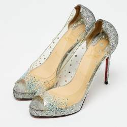 Pre Owned Christian Louboutin Very strass Size 39 Transparent/Metallic Leather and PVC Peep Toe Pumps