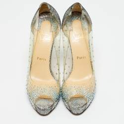 Pre Owned Christian Louboutin Very strass Size 39 Transparent/Metallic Leather and PVC Peep Toe Pumps