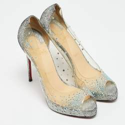 Pre Owned Christian Louboutin Very strass Size 39 Transparent/Metallic Leather and PVC Peep Toe Pumps