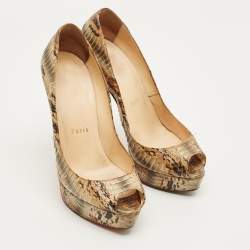 مملوكة مسبقًا Christian Louboutin Lady Peep Size 37 Green Python Leather Platform Pumps