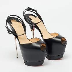 مملوكة مسبقًا صندل كريستيان لوبوتان نعل سميك سيور كاحل مقدمة مفتوحة دسبريسي جلد أسود مقاس 38