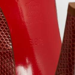 مملوكة مسبقًا Christian Louboutin Size 38.5 Red Karung Leather Platform Peep Toe Pumps