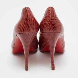 مملوكة مسبقًا Christian Louboutin Size 38.5 Red Karung Leather Platform Peep Toe Pumps