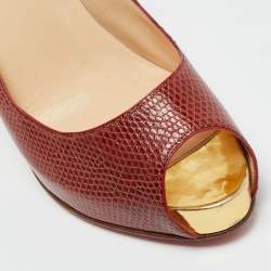 مملوكة مسبقًا Christian Louboutin Size 38.5 Red Karung Leather Platform Peep Toe Pumps