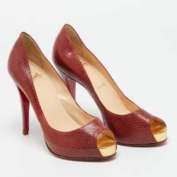 مملوكة مسبقًا Christian Louboutin Size 38.5 Red Karung Leather Platform Peep Toe Pumps