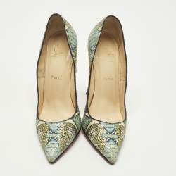 Pre Owned Christian Louboutin Inferno So Kate Size 38.5 Green/Yellow Snakeskin Pumps
