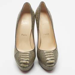 Pre Owned Christian Louboutin Bibi Size 38.5 Olive Green Ostrich Leg Leather Platform Pumps