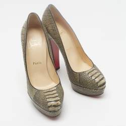 Pre Owned Christian Louboutin Bibi Size 38.5 Olive Green Ostrich Leg Leather Platform Pumps