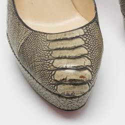 Pre Owned Christian Louboutin Bibi Size 38.5 Olive Green Ostrich Leg Leather Platform Pumps