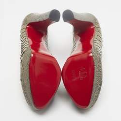 Pre Owned Christian Louboutin Bibi Size 38.5 Olive Green Ostrich Leg Leather Platform Pumps