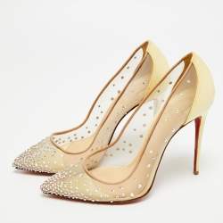 Pre Owned Christian Louboutin Follies Strass Size 38 Yellow Net and Patent Leather Pumps