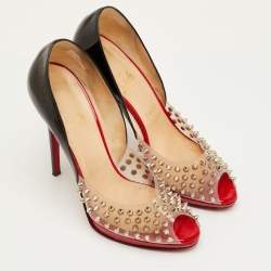 مملوكة مسبقًا Christian Louboutin Engin Size 41 Black Patent Leather and PVC Spikes Peep Toe Pumps