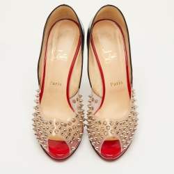 مملوكة مسبقًا Christian Louboutin Engin Size 41 Black Patent Leather and PVC Spikes Peep Toe Pumps
