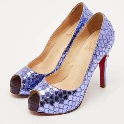 Pre Owned Christian Louboutin Poseidon Size 36.5 Purple Scaled Leather Peep Toe Pumps