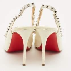 مملوكة مسبقًا حذاء كعب عالي كريستيان لوبوتان بريجاندي سبايك جلد لامع كريمي وبي في سي رباط خلفي مقاس 36.5