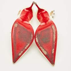 مملوكة مسبقًا حذاء كعب عالي كريستيان لوبوتان بريجاندي سبايك جلد لامع كريمي وبي في سي رباط خلفي مقاس 36.5