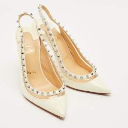 مملوكة مسبقًا حذاء كعب عالي كريستيان لوبوتان بريجاندي سبايك جلد لامع كريمي وبي في سي رباط خلفي مقاس 36.5