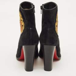 Pre Owned Christian Louboutin Crest Embroidered Size 37 Black Suede Ankle Length Boots