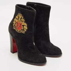 Pre Owned Christian Louboutin Crest Embroidered Size 37 Black Suede Ankle Length Boots