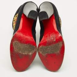 Pre Owned Christian Louboutin Crest Embroidered Size 37 Black Suede Ankle Length Boots